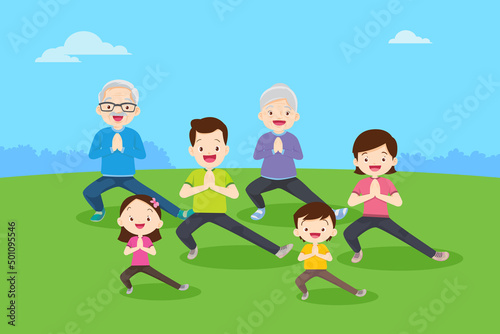 cute family yoga exercising together