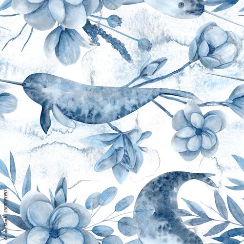 Photography Watercolor hand drawn seamless pattern with narwhales.