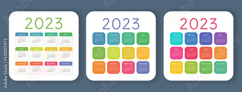 Calendar 2023 year. English colorful vector set. Square wall or pocket calender template. Design collection. New year. Week starts on Sunday