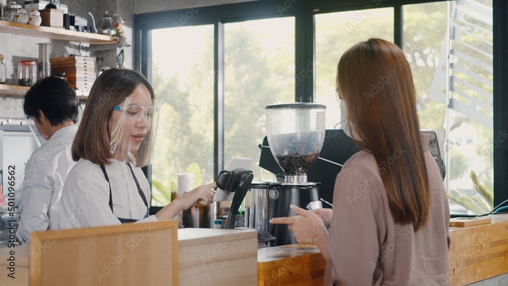 QR code payment, customer woman using digital smartphone application scanning QR code payment without money for buying coffee in cafe coffee shop, small business accepts digital payment QR code payment, customer woman using digital smartphone application scanning QR code payment without money for buying coffee in cafe coffee shop, small business accepts digital payment
