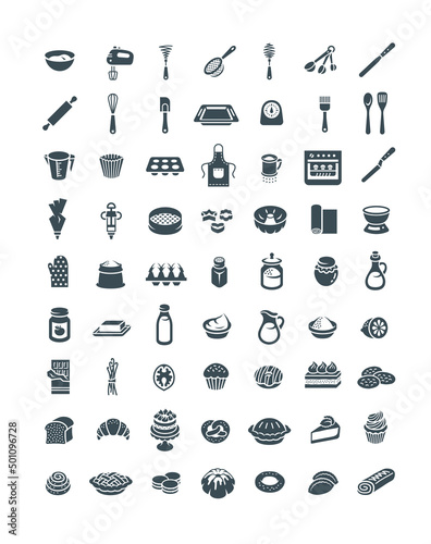 Baking simple monochrome silhouette icons set. Pictograms of home kitchen utensils for cooking sweet food. Ingredients for homemade bakery. Different pastry items.