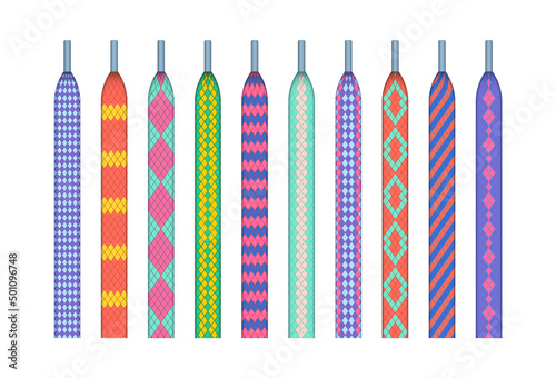 Cartoon Color Different Shoelace Combined Set Flat Design Style Isolated on a White Background. Vector illustration
