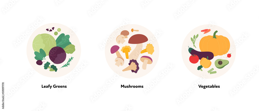 Food illustration collection. Vector flat design of leafy greens, mushroom and vegetables symbol in circle frame isolated on white background. Food illustration collection. Vector flat design of leafy greens, mushroom and vegetables symbol in circle frame isolated on white background.