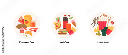Food illustration collection. Vector flat design of processed, junk and salted products symbol in circle frame isolated on white background.