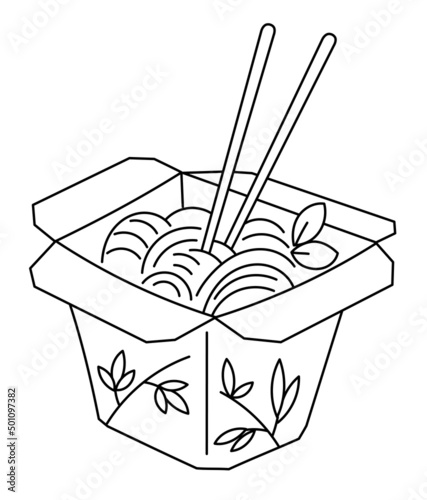 Wok noodles. To go. Food box. Editable outline stroke. Vector line icon.