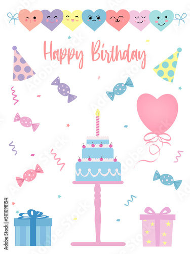 Postcard with sweet cake  candies and gifts. Birthday celebration vector background. Colorful illustration isolated on white background