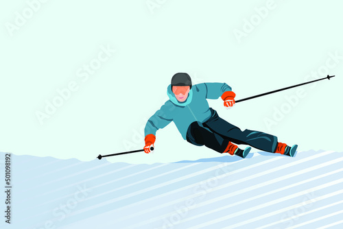 Illustration of Ski athlete lean to turn on slalom skiing 