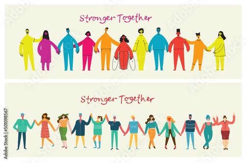Vector illustration of Happy men and women holding hands together in the flat style. Concept illustration with characters. Stronger together
