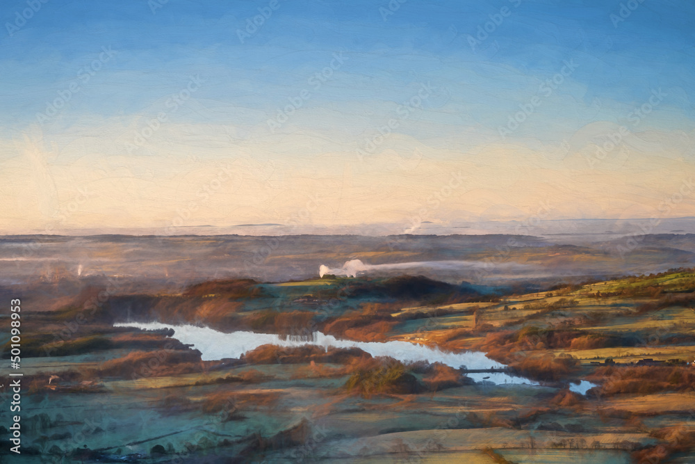 Fine art, artwork. Digital oil painting of Tittesworth Reservoir from The Roaches in the Peak District National Park.