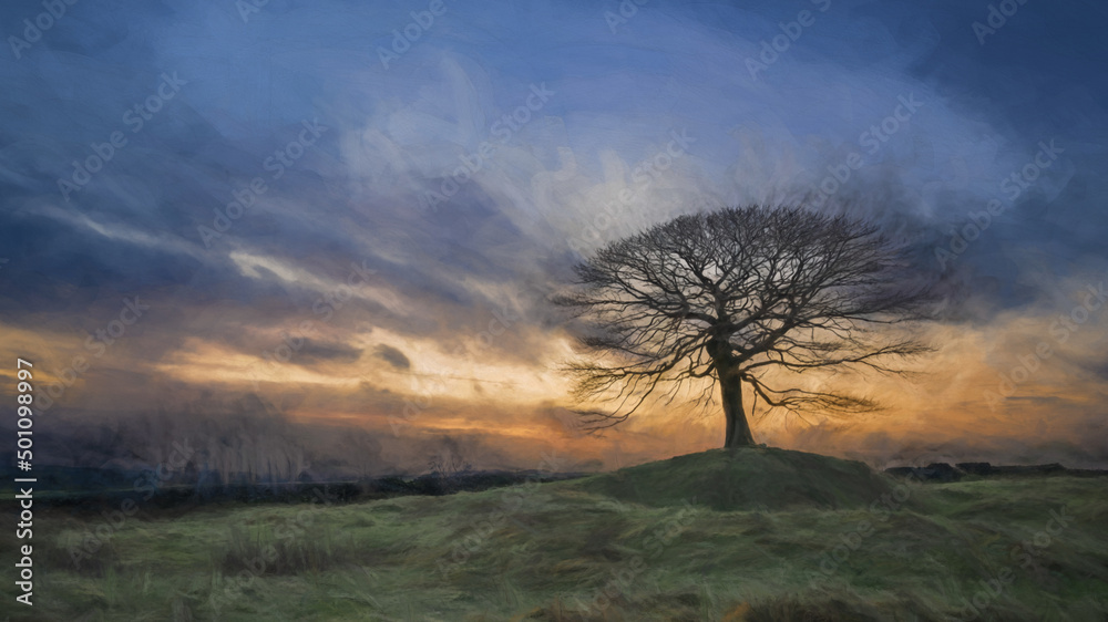 Digital abstract oil painting of a lone tree on Grindon Moor, Staffordshire, White Peak, Peak District. Digital abstract oil painting of a lone tree on Grindon Moor, Staffordshire, White Peak, Peak District.
