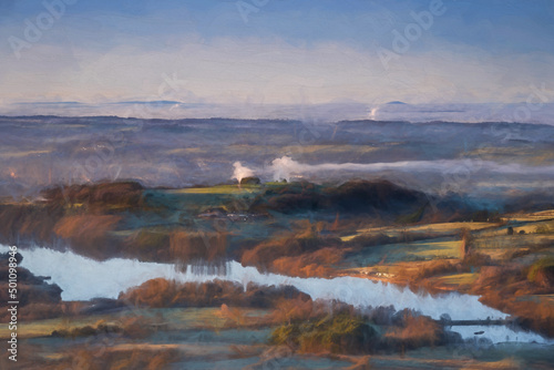 Fototapeta Naklejka Na Ścianę i Meble -  Fine art, artwork. Digital oil painting of Tittesworth Reservoir from The Roaches in the Peak District National Park.