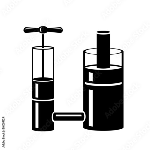 Hydraulic Press. Schematic principle of the operation of communicating vessels to create increased pressure. Mechanic simple style black detailed logo icon vector black illustration isolated.