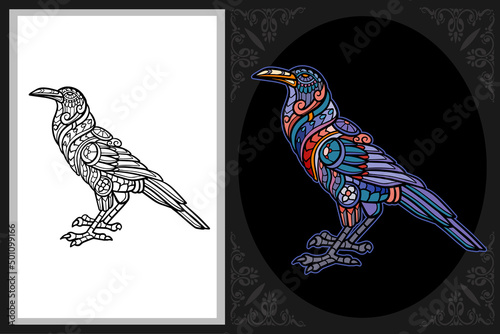 Colorful crow bird zentangle art with black line sketch isolated on black and white background