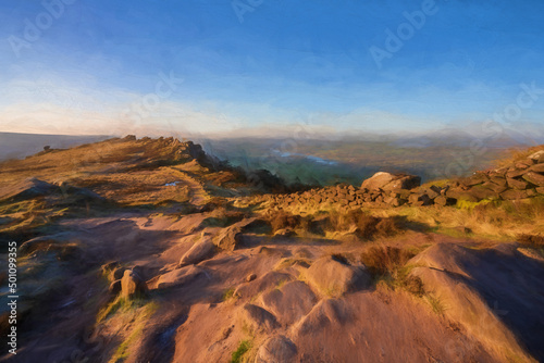 Fine art poster. Digital abstract oil painting of The Roaches. Winter sunrise in the Peak District National Park. © Rob Thorley