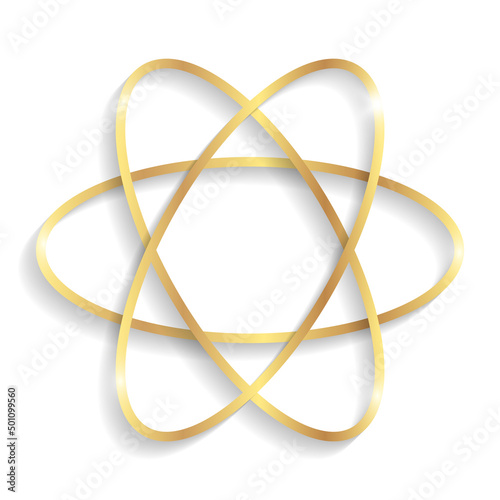 Golden atom sign with shadows and highlights isolated on a white background.