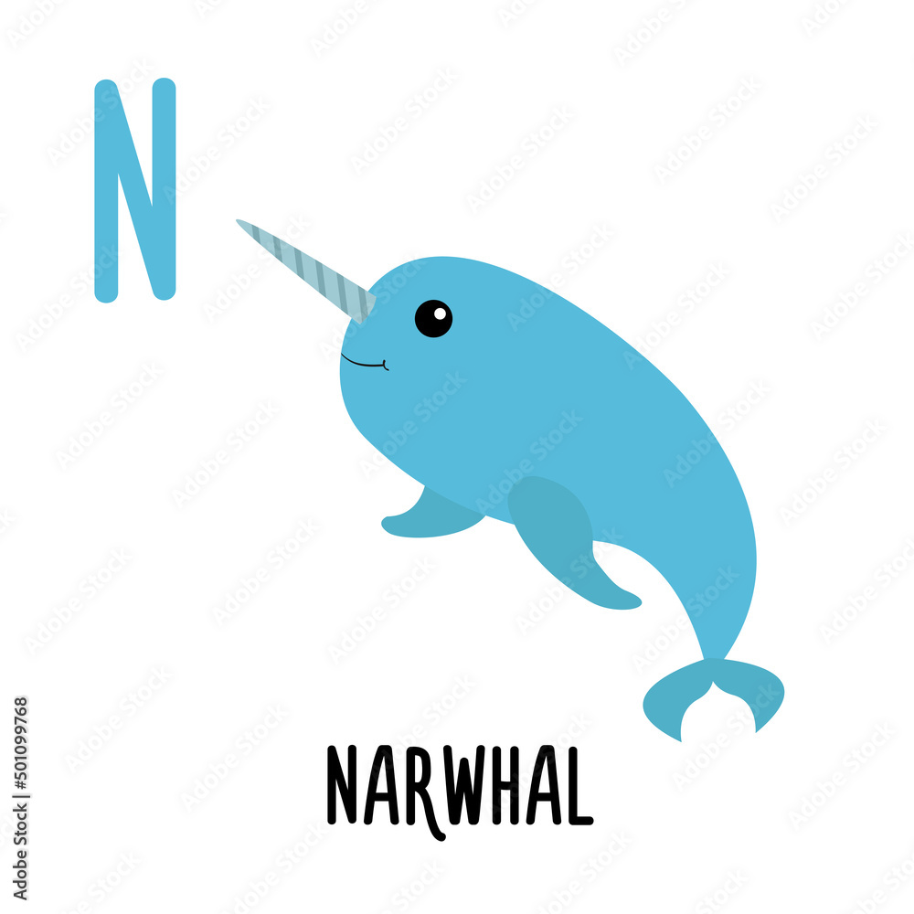 Letter N Narwhal. Animal and food alphabet for kids. Cute cartoon kawaii English abc. Funny Zoo Fruit Vegetable learning. Education cards. Isolated. Flat design. White background. Letter N Narwhal. Animal and food alphabet for kids. Cute cartoon kawaii English abc. Funny Zoo Fruit Vegetable learning. Education cards. Isolated. Flat design. White background.