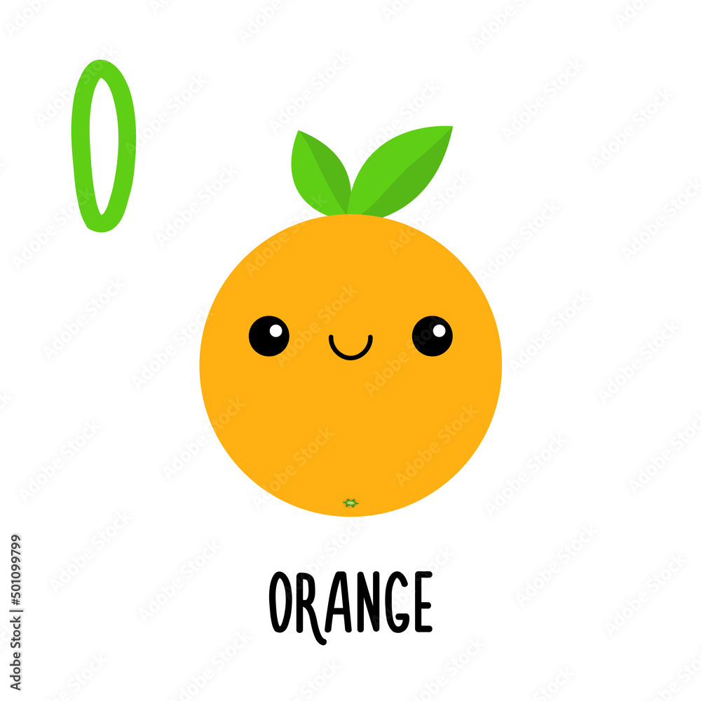 Letter O Orange. Animal and food alphabet for kids. Cute cartoon kawaii English abc. Funny Zoo Fruit Vegetable learning. Education cards. Isolated. Flat design. White background. Letter O Orange. Animal and food alphabet for kids. Cute cartoon kawaii English abc. Funny Zoo Fruit Vegetable learning. Education cards. Isolated. Flat design. White background.