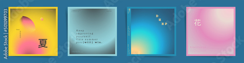 Summer neon square post. 70s gradient cover template design set for poster, social media posts and vintage frames banners. Blurry circular gradient neon colors. Vector retro aesthetic black set.