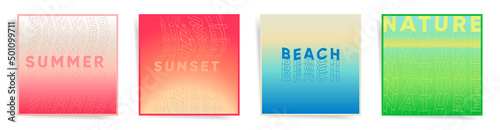 Summer gradient neon design set for poster background, social media square posts, aesthetic blurry frames and decorative banners. Duotone vertical minimal vector cover creatives.