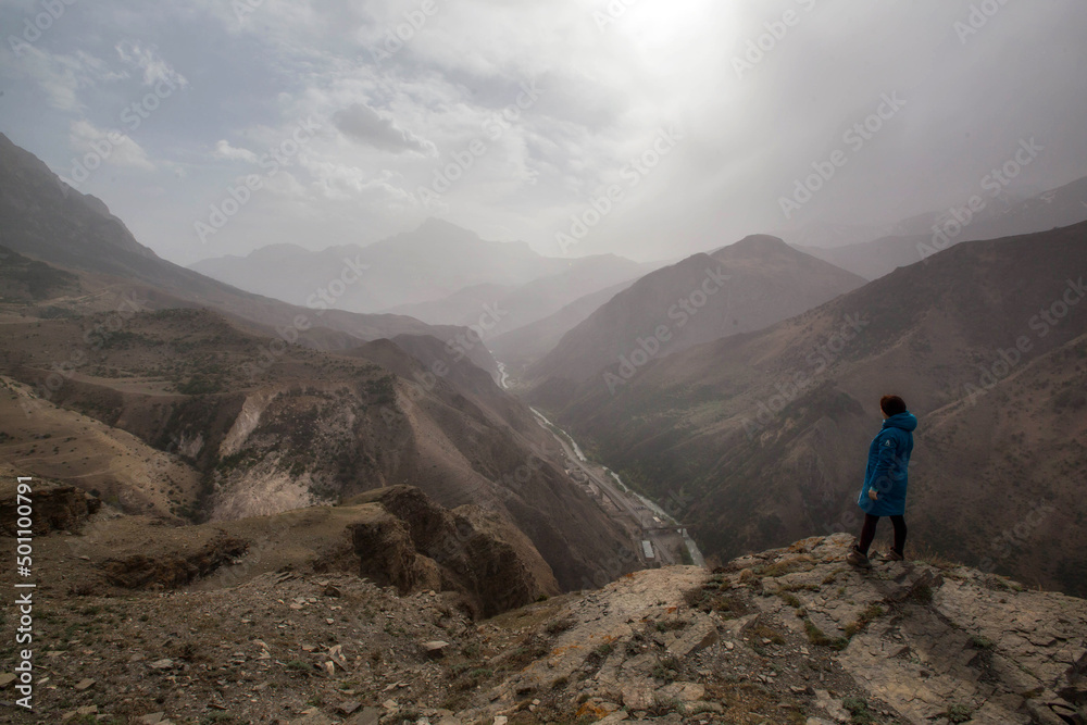 a tourist girl in the mountains of North Ossetia. Caucasus