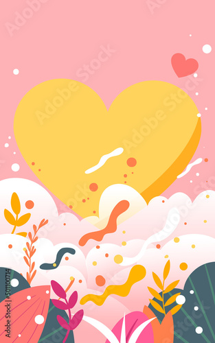 Boy woos girl on Valentine's day with clouds and hearts in the background, vector illustration © lin
