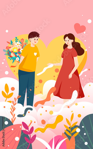 Boy woos girl on Valentine's day with clouds and hearts in the background, vector illustration
