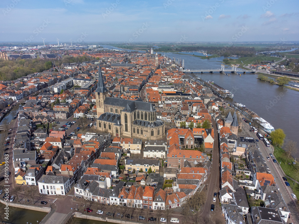 Church 'Bovenkerk' in historical city Kampen in the Netherlands. Aerial