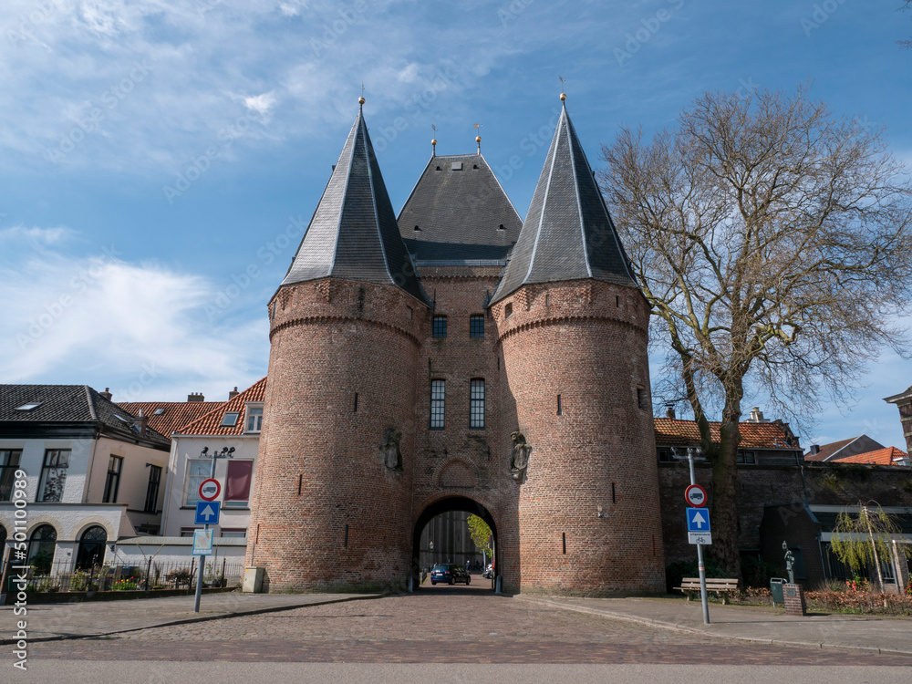 Church 'Bovenkerk' and city gate in historical city Kampen in the Netherlands. Aerial