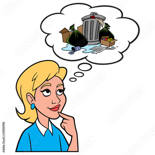 Girl thinking about a pile of Garbage - A cartoon illustration of a Girl thinking about the environmental impact of Garbage.