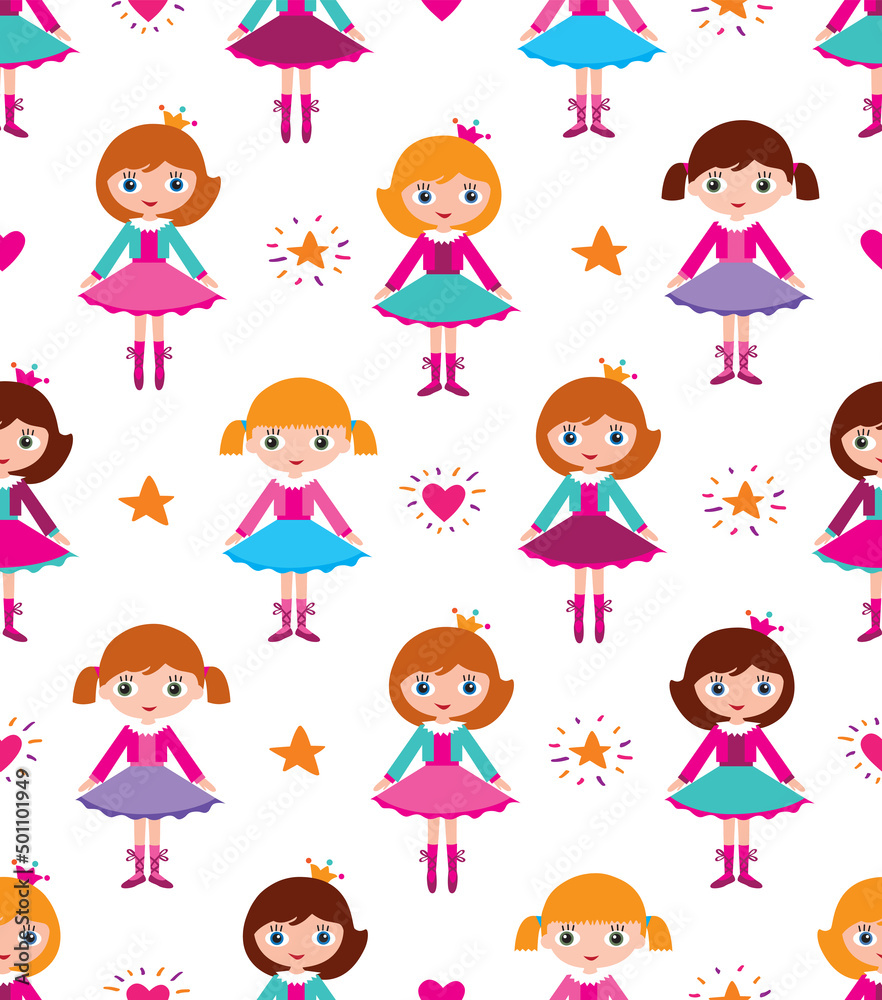 Seamless cute pattern with little girls for kids textile, wallpapers, gift wrap, scrapbook, birthday party, Invitation. Sketch for your design. Vector Seamless cute pattern with little girls for kids textile, wallpapers, gift wrap, scrapbook, birthday party, Invitation. Sketch for your design. Vector