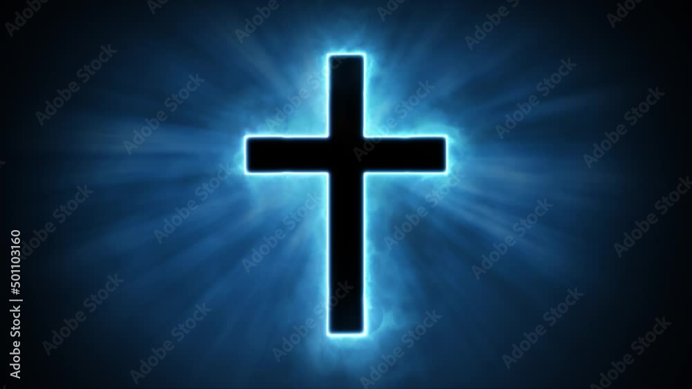 Uplifting and deeply inspiring reveal animation of a plain classic holy blue Christian crucifix cross, in a smoky mystical glow and emating shining God rays and light beams, on a black background Uplifting and deeply inspiring reveal animation of a plain classic holy blue Christian crucifix cross, in a smoky mystical glow and emating shining God rays and light beams, on a black background