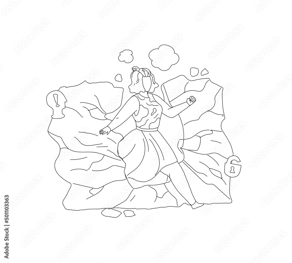 Obraz premium Woman walk through stone wall overcoming obstacle outline vector. Business challenge, task solution, goal achievement, dont give up, fight with problem concept