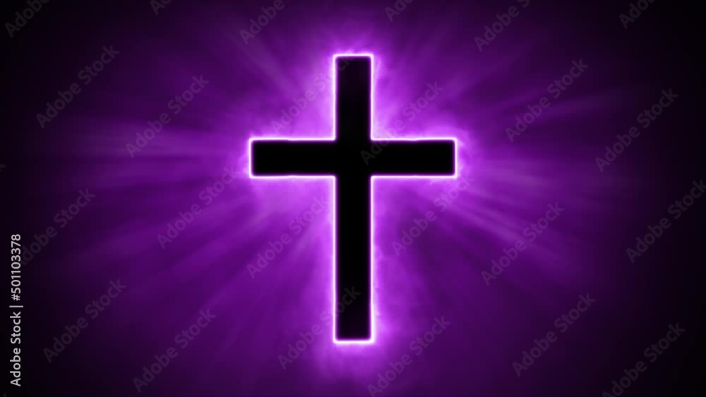 Uplifting and deeply inspiring reveal animation of a plain classic purple holy Christian crucifix cross, in a smoky mystical glow and emating shining God rays and light beams, on a black background Uplifting and deeply inspiring reveal animation of a plain classic purple holy Christian crucifix cross, in a smoky mystical glow and emating shining God rays and light beams, on a black background