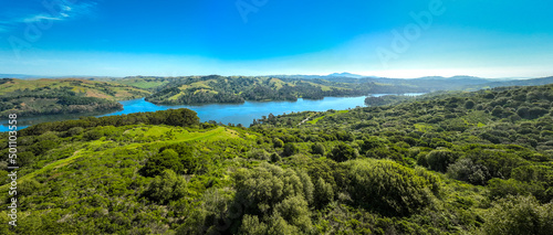 Aerial view of lush green hills in spring photo