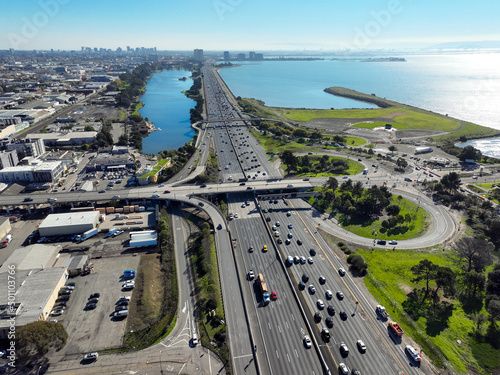 Fotografie Aerial top-down cityscape view over Berkeley with freeway roads