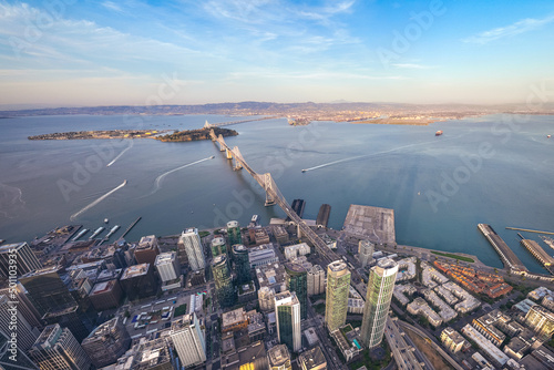 Aerial cityscape view of San Francisco skyline and Bay Bridge