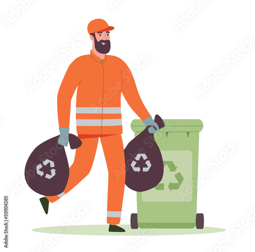 Janitor in carries bags of garbage into the trash can in the city. A man in uniform cleans up waste in recycle containers for separate rubbish reuse. Vector illustration in flat style on a white
