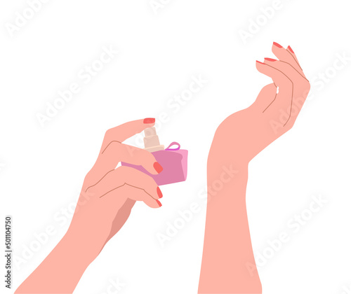 Woman hands showing perfume isolated on white background. Vector Illustration in cartoon flat style.