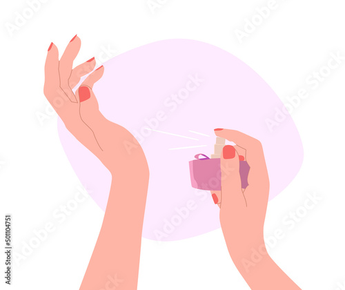 Woman hands showing perfume. Vector Illustration in cartoon flat style.