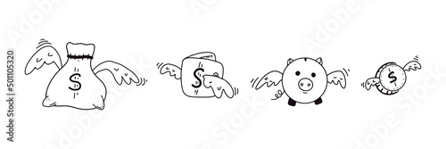 Doodle flying money icon collection. Funny piggy bunk, purse, bag and coin with wings in cartoon style. Black vector illustration isolated on white background