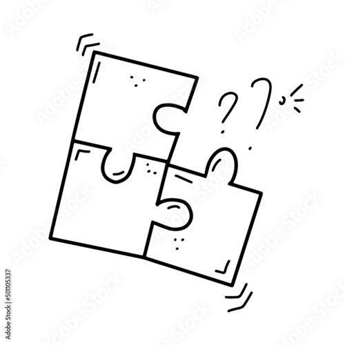 Doodle missing puzzle with question mark. Black vector illustration isolated on white background