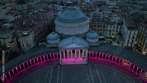 aerial view of Piazza del Plebiscito in Naples, Italy, at night, illuminated central square in Naples, famous tourist destination in southern Italy photo