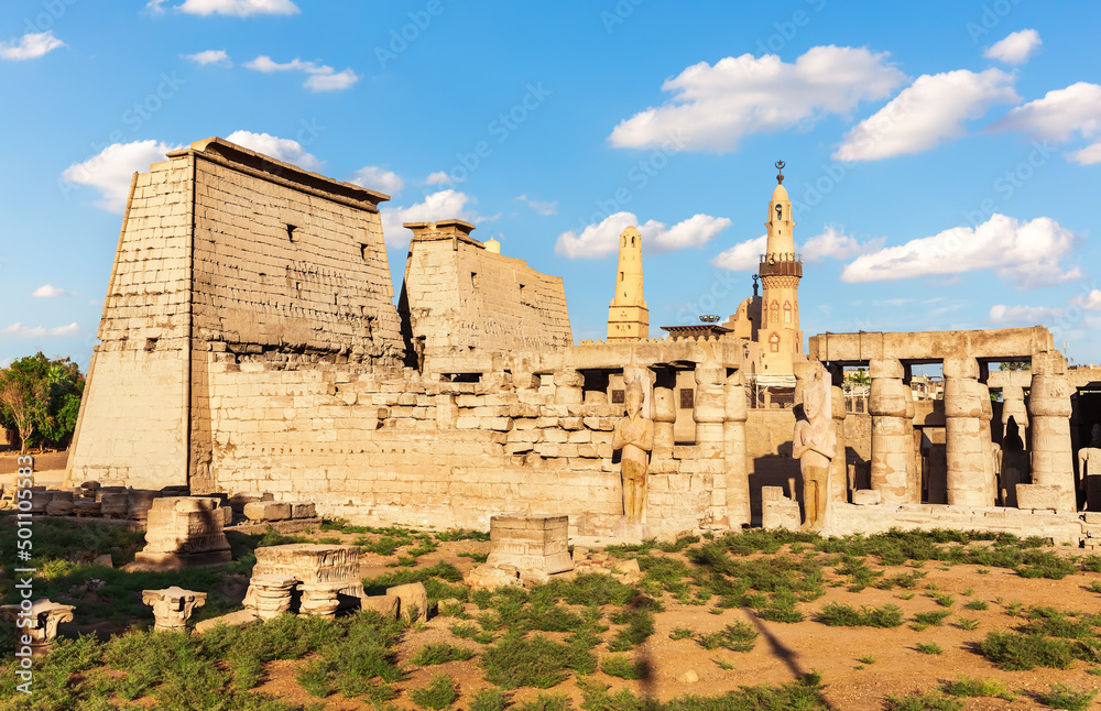 Beautiful Pylon of Luxor Temple, view of the pillars and statues, Egypt