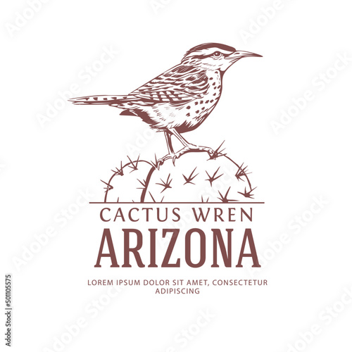 Vintage Logo with Cactus Wren. Arizona State Bird