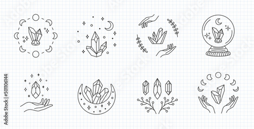 Mystical moon crystal, line art vector logo. Boho crystal clipart, editable stroke