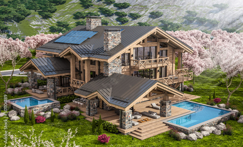 3d rendering of modern cozy chalet with pool and parking for sale or rent. Beautiful forest mountains on background. Fresh spring day with a blooming trees with flowers of sakura on background. © korisbo