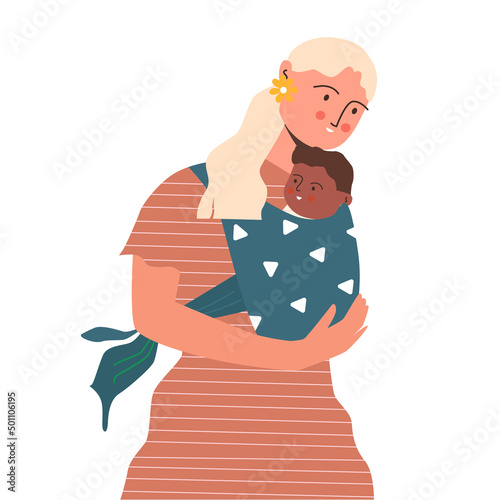 Mom with son. Baby in a sling. Vector illustration.