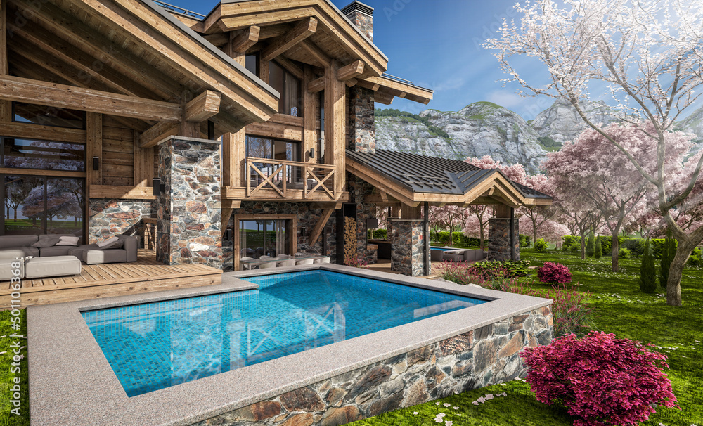 3d rendering of modern cozy chalet with pool and parking for sale or rent. Beautiful forest mountains on background. Fresh spring day with a blooming trees with flowers of sakura on background.