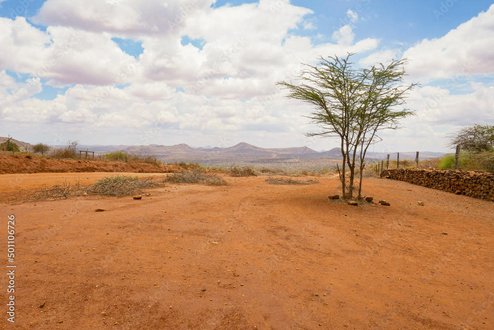 Fototapeta premium Scenic view of arid landscapes against sky at Nanyuki, Kenya
