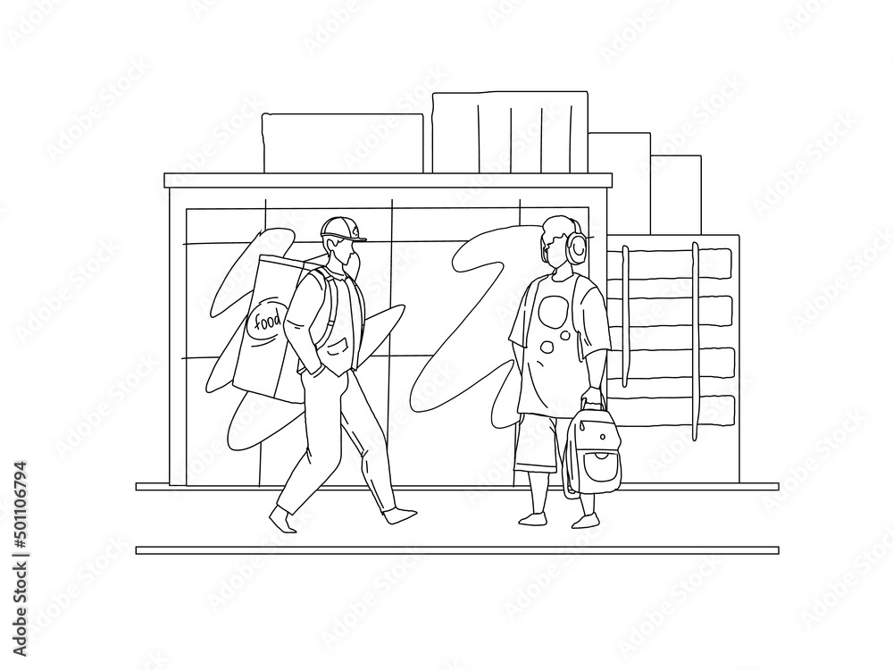 Food delivery man and teenager boy people citizen on city street line vector illustration Food delivery man and teenager boy people citizen on city street line vector illustration